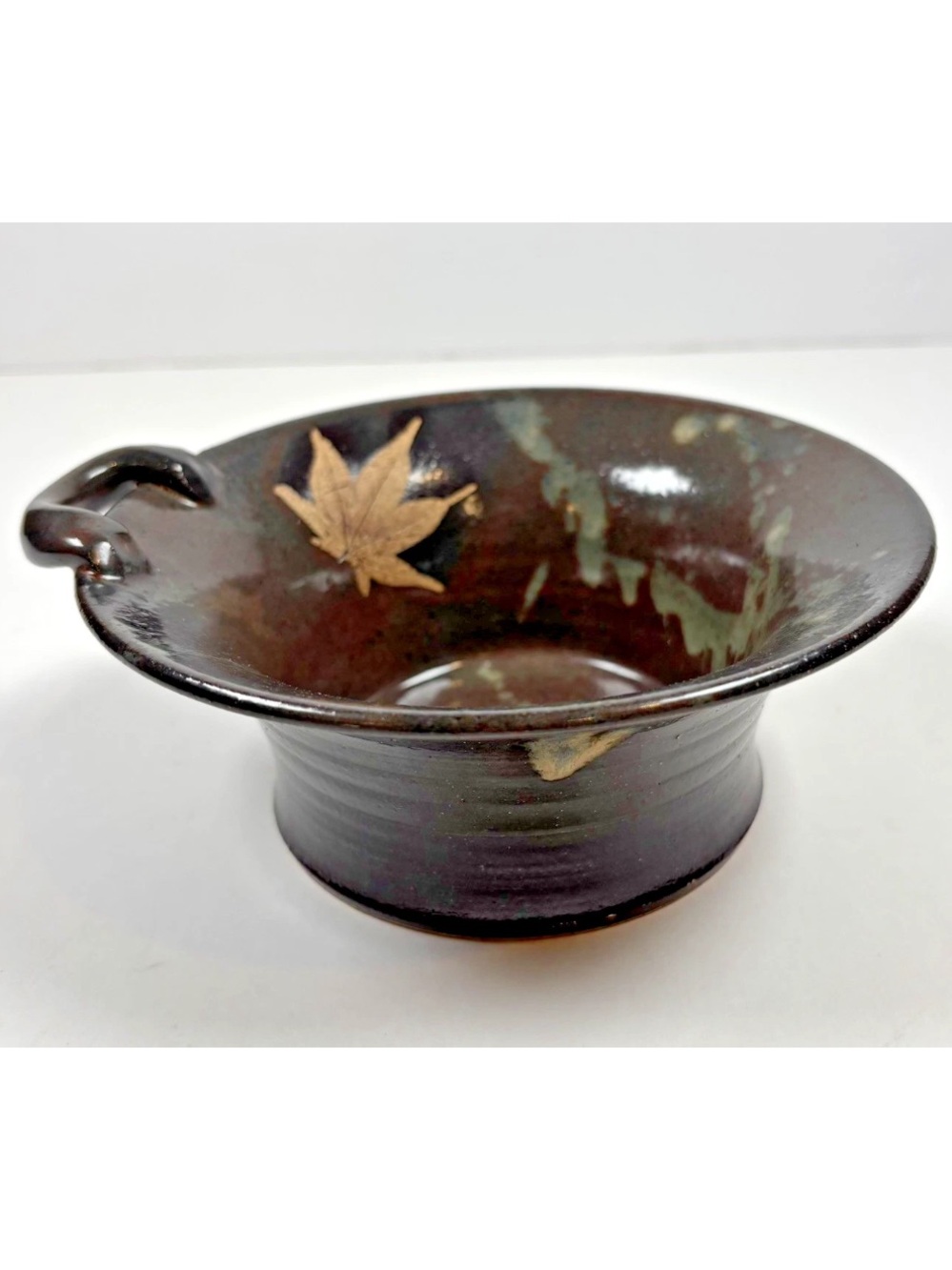 Vtg Studio Pottery Bowl Tenmoku Style Glaze Japanese Maple Leaf Resist 6” SIGNED